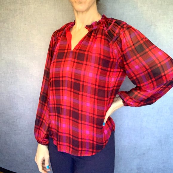 Ann Taylor Plaid Shirred Raglan Sleeve Top Size Small, Lined, Lightweight, EUC - Picture 2 of 10